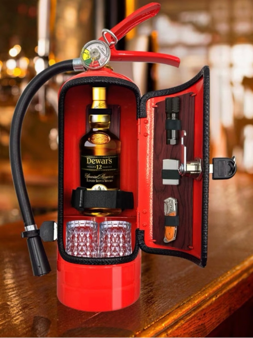 Mini bar Fire extinguisher mini bottle and shot glass holder.  New